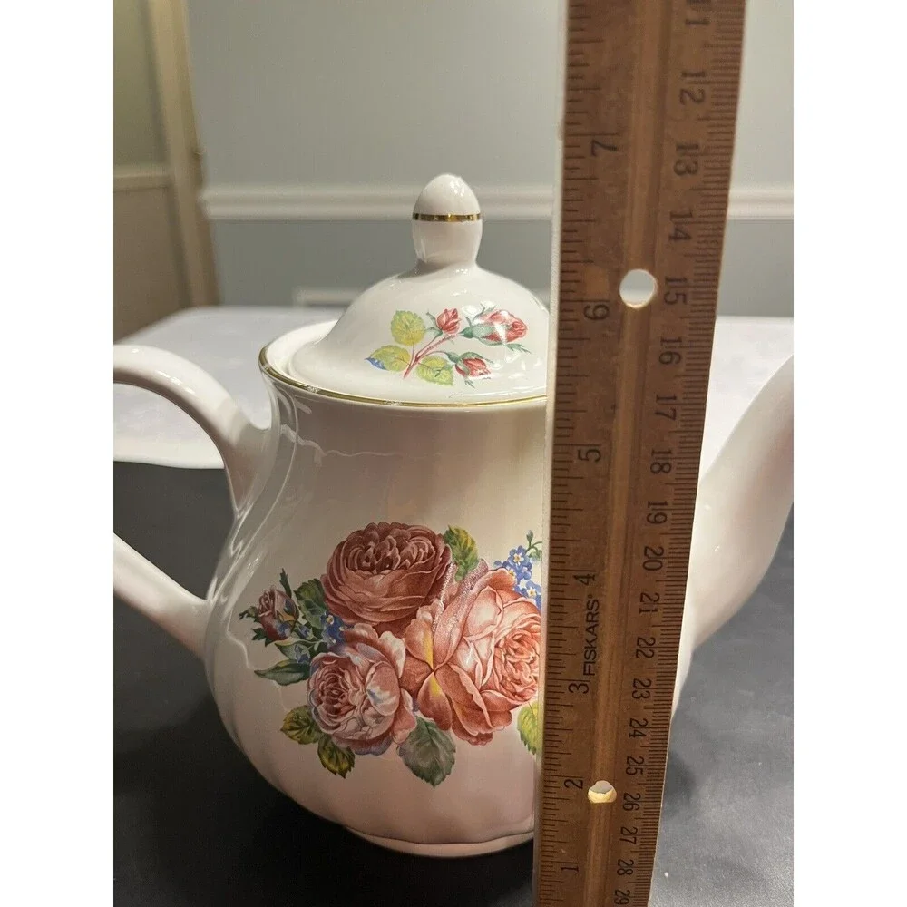 Vtg Arthur Wood England Pink Roses Swirl Gold Trim Teapot